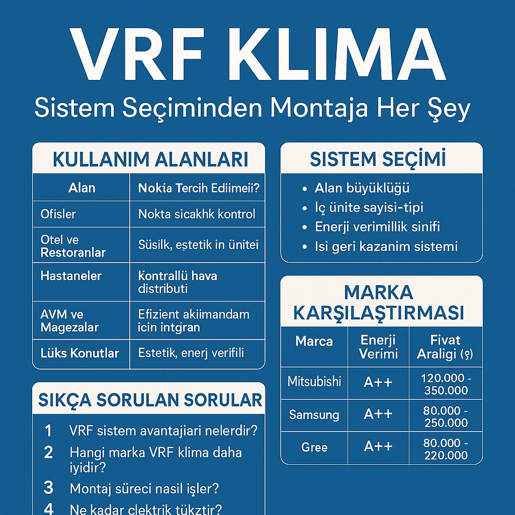 VRF klima sistemlerinin seçiminden montaj sürecine kadar olan aşamaları anlatan mavi zeminli dijital infografik. İç ünite, dış ünite ve kontrol mekanizmalarıyla ilgili bilgi veren görsel.